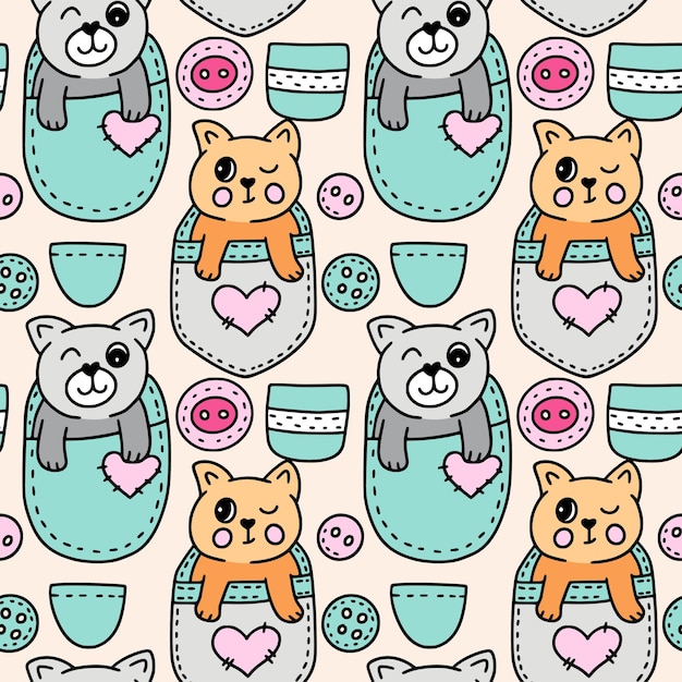 Cute cat in pocket kids seamless pattern