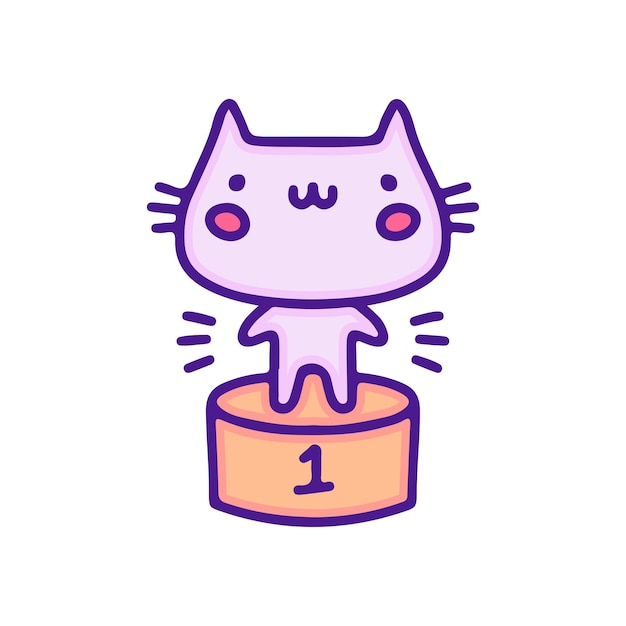 Cute cat on podium illustration, with soft pop style and old style 90s cartoon.