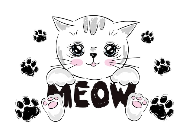 Cute cat portrait with paws and slogan meow lettering Hand drawn kitty girl face cheerful fashion pussycat cartoon illustration for tshirt print kids greeting card invitation for pet party