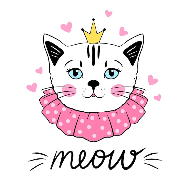 Vector cute cat princess print for clothes or postcard vector illustration