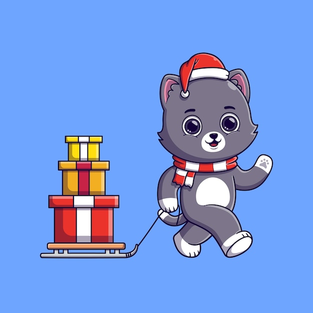 Vector cute cat pulling a sled with christmas gifts