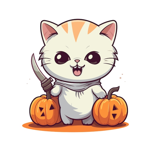 호박에 귀여운 고양이 가을 가을 개념 낙서 만화 스타일