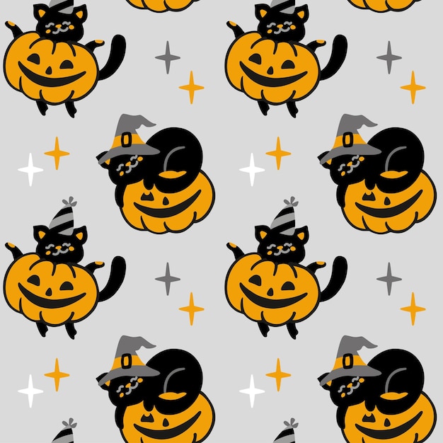 Cute cat and pumpkin in halloween. Cute print for kid products on halloween. Vector.