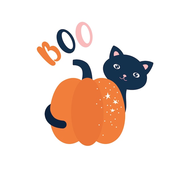 Cute cat behind pumpkin halloween illustration