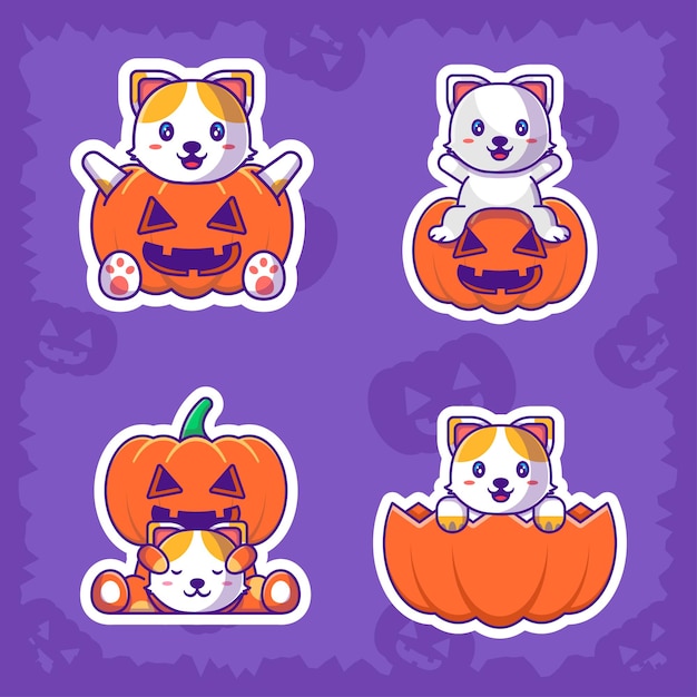 Cute cat and pumpkin happy halloween stickers pack