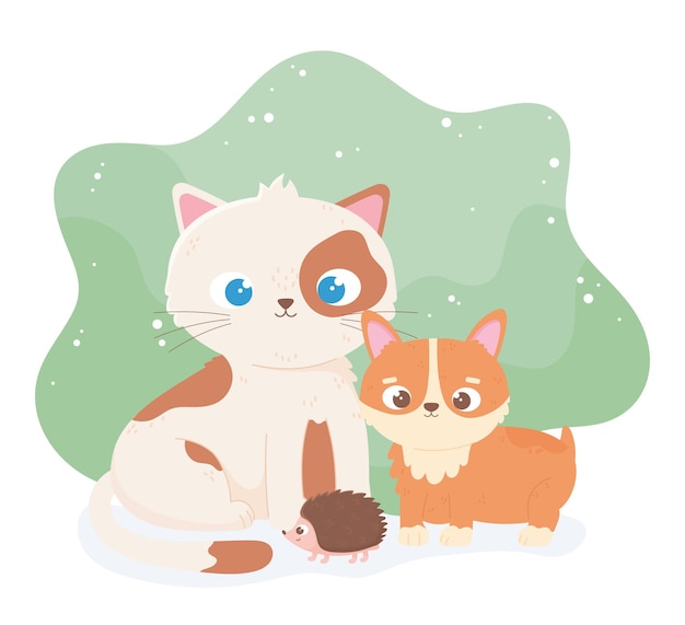 Vector cute cat puppy and hedgehog cartoon animals