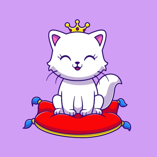 Cute Cat Queen Princess Sitting On Pillow Cartoon Vector Icon Illustration. Animal Object Icon Concept Isolated Premium Vector. Flat Cartoon Style