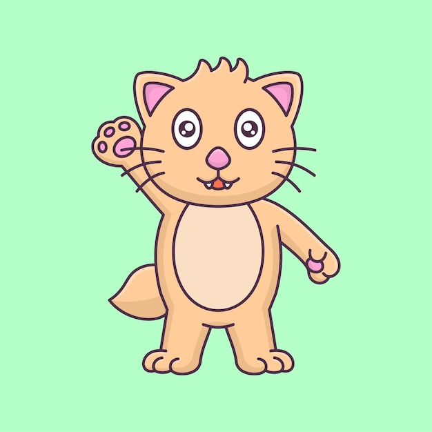 Cute cat raising one hand looks happy vector cartoon animal icon illustration