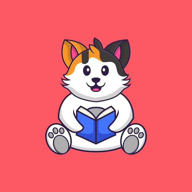 Cute cat reading a book animal cartoon concept isolated