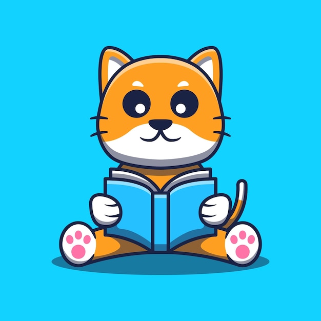 Cute Cat Reading Book Cartoon Illustration Studying Animal Icon