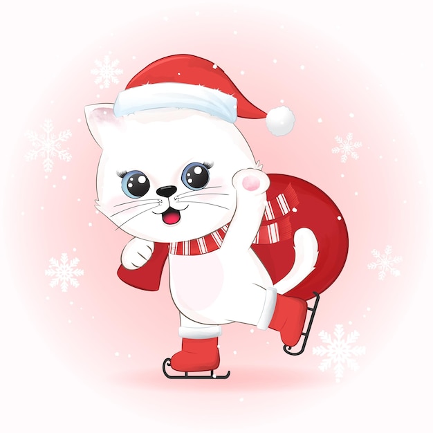 冬のかわいい猫と赤い風船、クリスマスシーズンのイラスト。