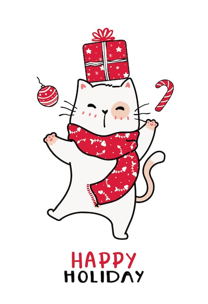 Cute cat in red knitted scarf christmas and present box, happy season, greeting card