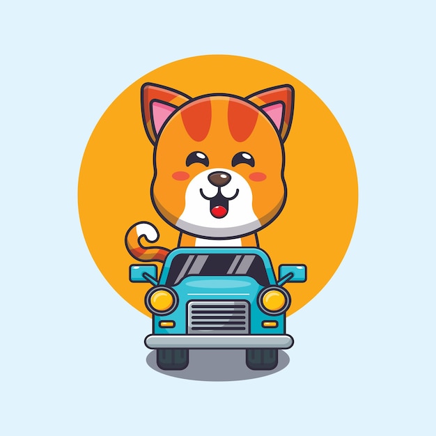 Vector cute cat ride on car cartoon mascot illustration