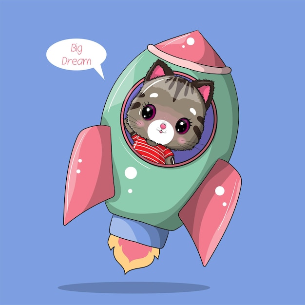 ロケットイラストに乗ってかわいい猫