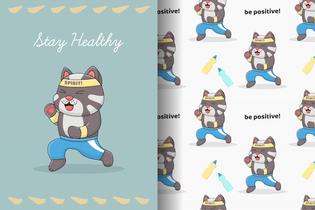 cute cat running seamless pattern and card
