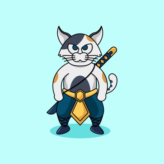 Vector cute cat samurai with sword character