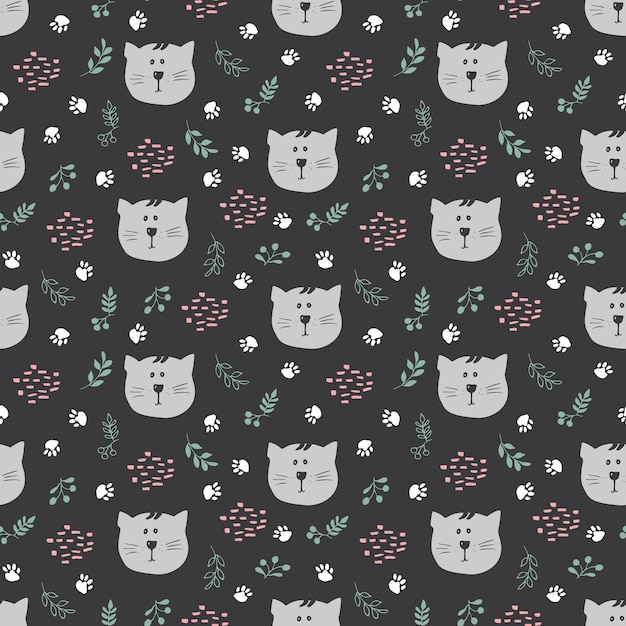 Cute Cat Seamless pattern Cartoon Animals in forest background Vector illustration