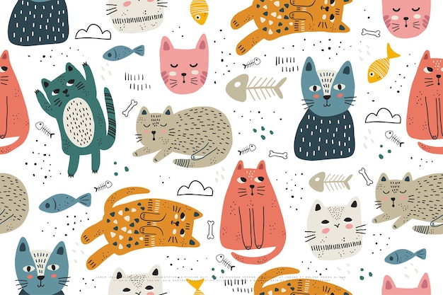 Cute cat seamless pattern design