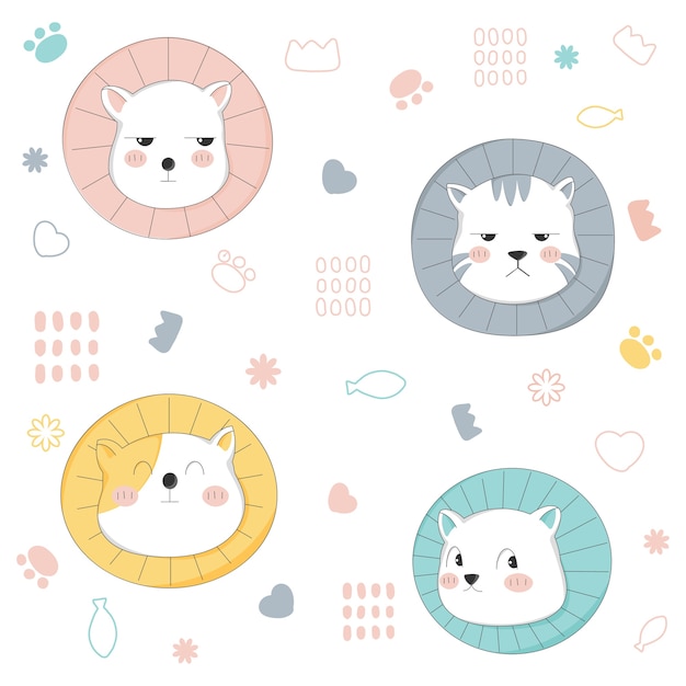Vector cute cat seamless pattern hand drawn style