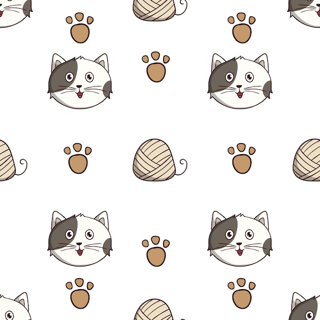 Cute cat seamless pattern with colored doodle style on white background