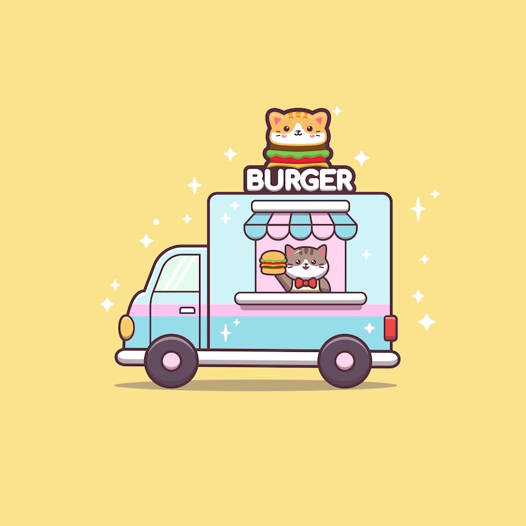 Vector cute cat selling hamburger op foodtruck