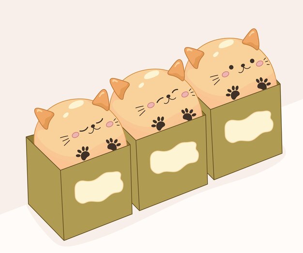 Cute cat shaped bread buns with ears, paws, emotions in boxes.  Kawaii bakery vector