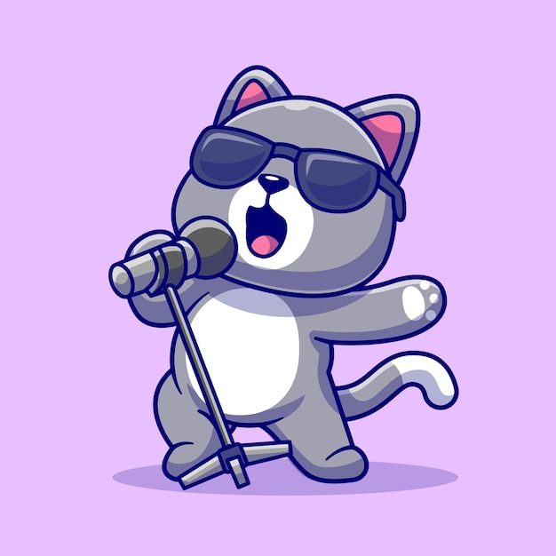 Illustrazione dell'icona di vettore del fumetto del gatto sveglio che canta il concetto dell'icona di musica animale isolato vettore premium