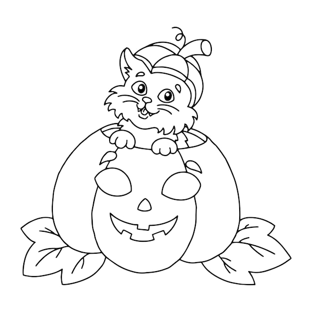 Cute cat sits in a pumpkin halloween theme coloring book page for kids