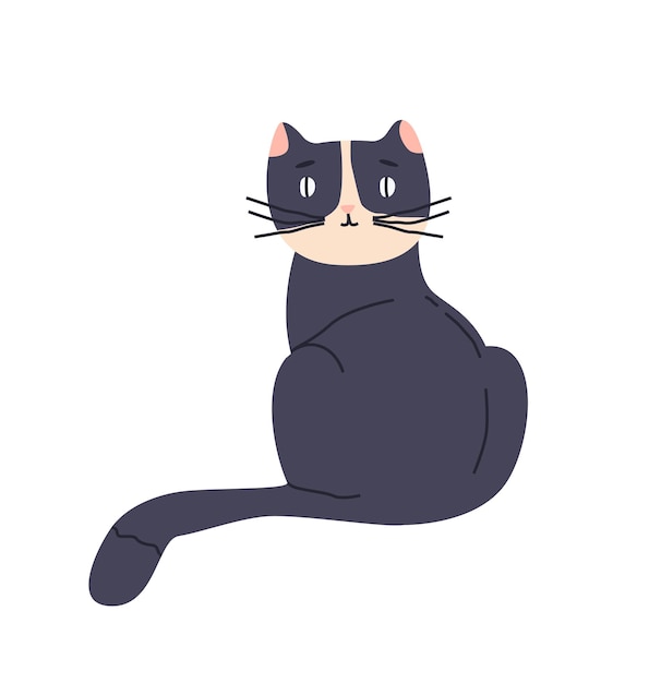 cute cat sits turned its backside adorable kitten looks back fluffy kitty with black fur domestic animal happy pet with furry tail relax flat isolated vector illustration on white background