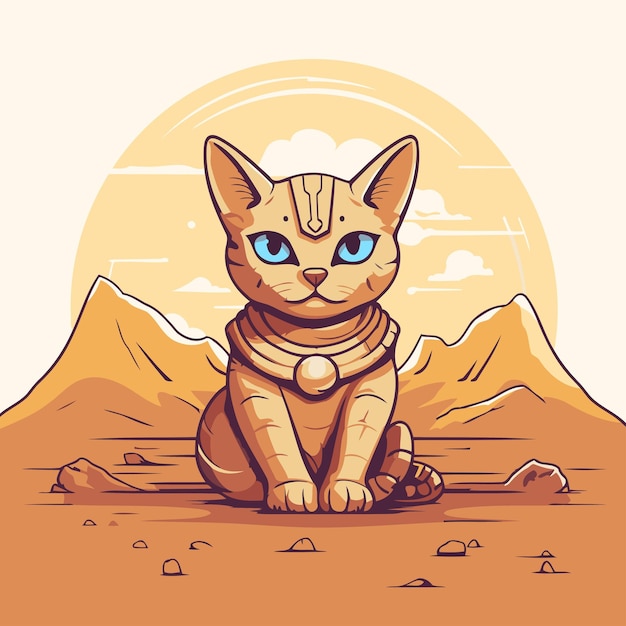 Vector cute cat sitting in the desert vector illustration in cartoon style