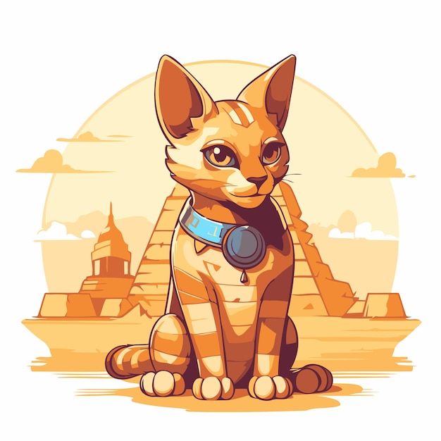 Cute cat sitting in front of pyramids Vector illustration