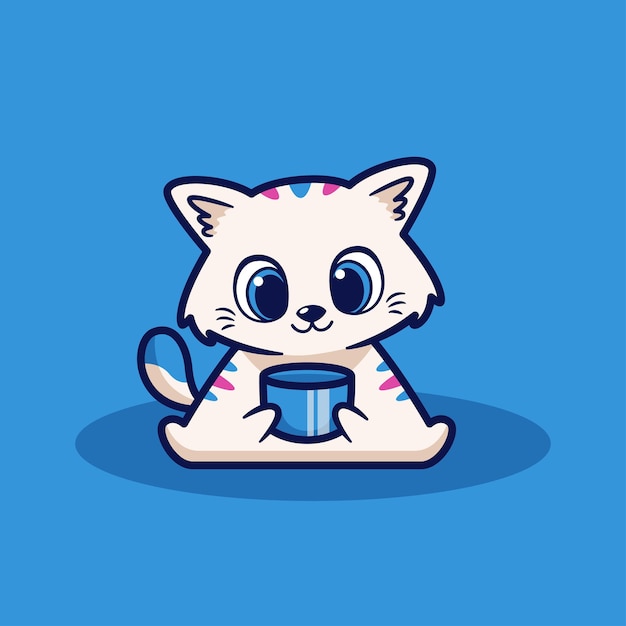 cute cat sitting holding mug cartoon flat illustration