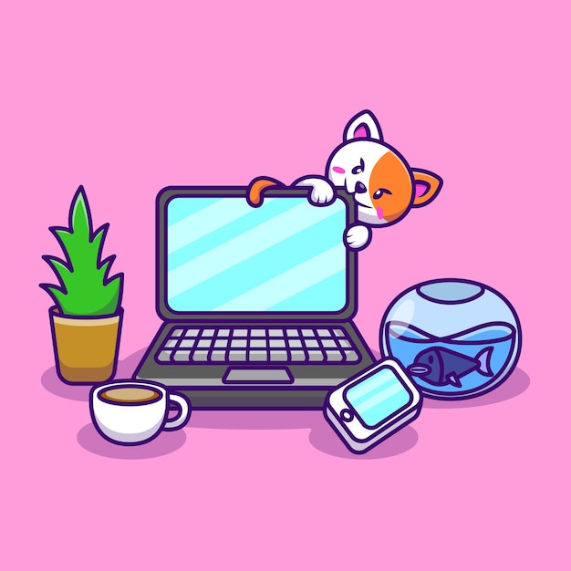 Vector cute cat sitting on laptop with coffee and plant cartoon vector illustration flat cart