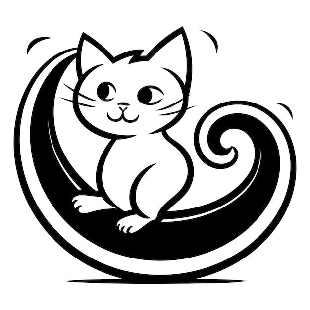 Cute cat sitting on the moon Black and white vector illustration