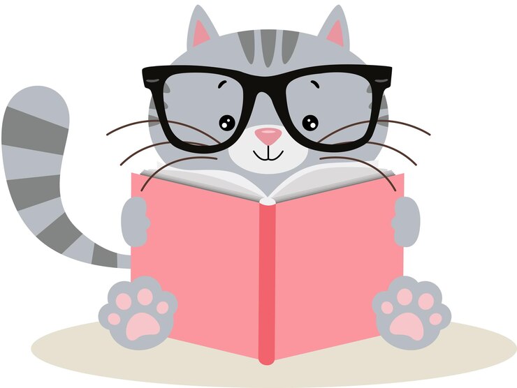 Vector cute cat sitting reading a book