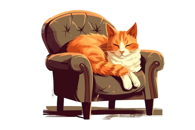 自宅の肘掛け椅子で寝ているかわいい猫の背景漫画のベクトル図に分離