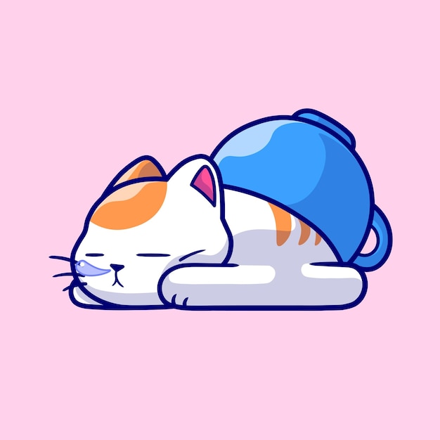 Cute Cat Sleeping Under Cup Cartoon Vector Icon Illustration. Animal Object Icon Concept Isolated