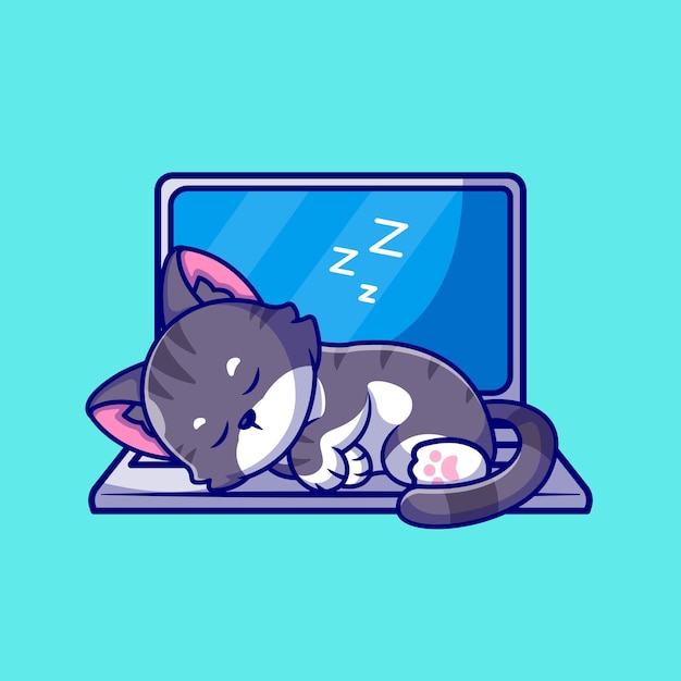 Vector cute cat sleeping on laptop cartoon icon illustration.