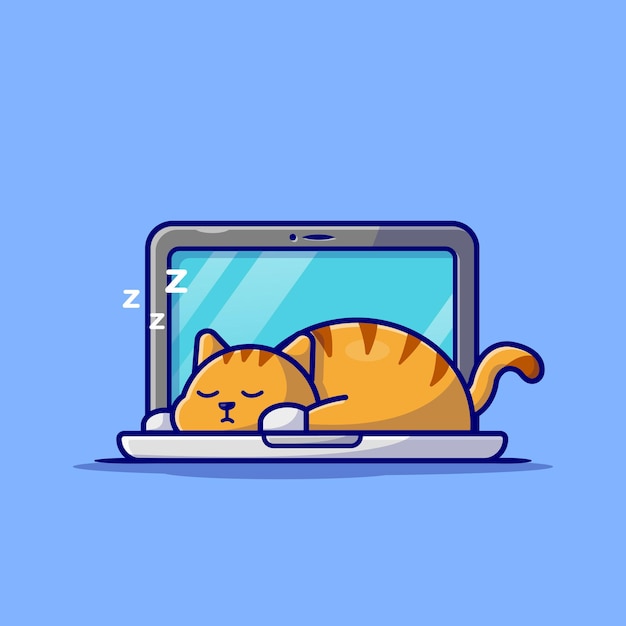 Cute Cat Sleeping On Laptop With Coffee Cup Cartoon Character. Animal Technology Isolated.