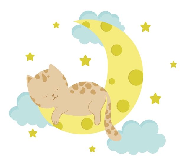 月に眠っているかわいい猫 子供のための保育園のキャラクターの動物の赤ちゃんの概念図