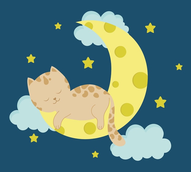 Simpatico gatto che dorme sulla luna illustrazione del concetto di animale del bambino per il personaggio della scuola materna per bambini