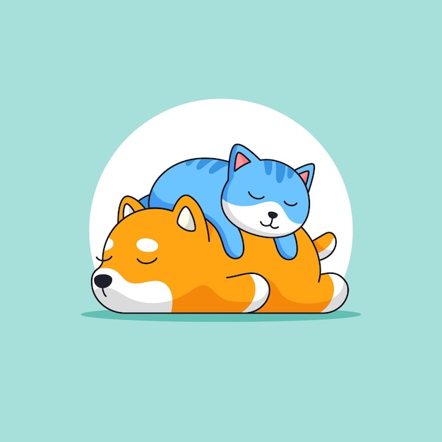 Cute cat sleeping on top of dog back animal activity outline illustration