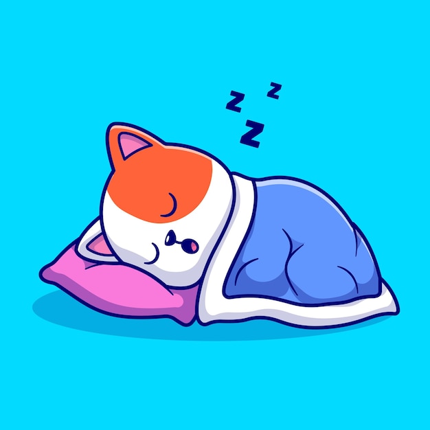 Cute Cat Sleeping With Pillow And Blanket Cartoon Vector Icon Illustration. Animal Nature Icon Concept Isolated Premium Vector. Flat Cartoon Style