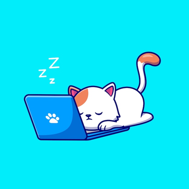 Simpatico gatto dorme e lavora al computer portatile del fumetto icona vettore illustrazione.