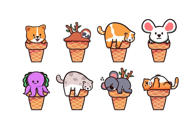 Vector cute cat, sloth, mouse, octopus, and koala character sleeping on ice cream cone sticker illustration