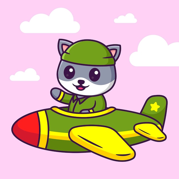 Cute Cat Soldier Driving Jet Plane in Cartoon War Vector Illustration Flat Style Concept