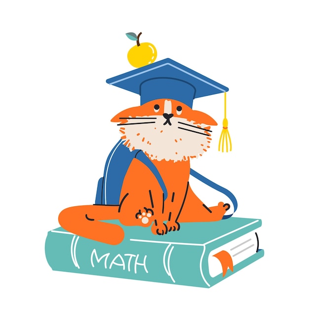 사각 모자를 쓴 귀여운 고양이가 책 위에 앉아 있습니다. 학교 개념으로 돌아가기. 만화 스타일의 손으로 그린 그림. 흰색 배경에 벡터