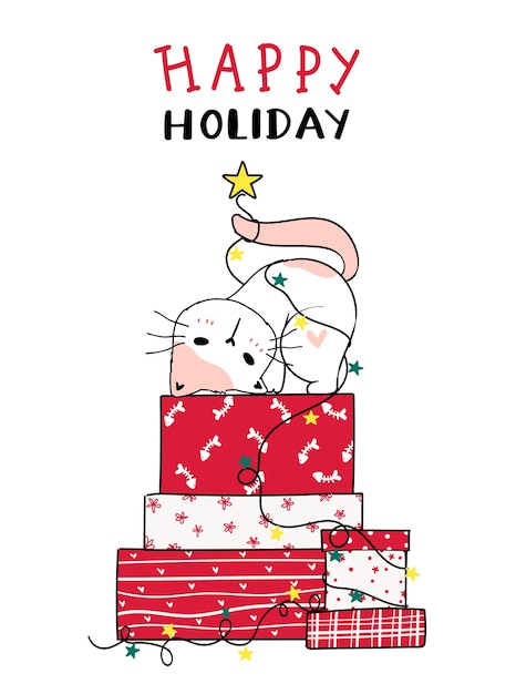 Simpatico gatto sulla pila di natale rosso presente casella doodle fumetto clipart, happy holiday, biglietto di auguri.