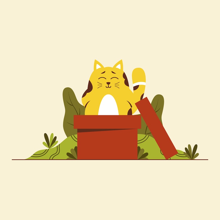 Vector cute cat standing above box with floral flat vector illustration