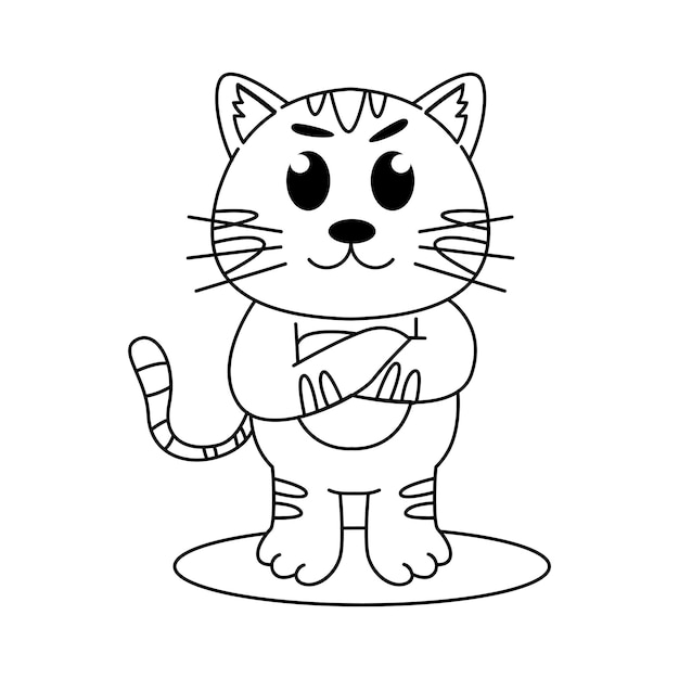 Cute cat standing outline children's coloring book black line sketch book on white background